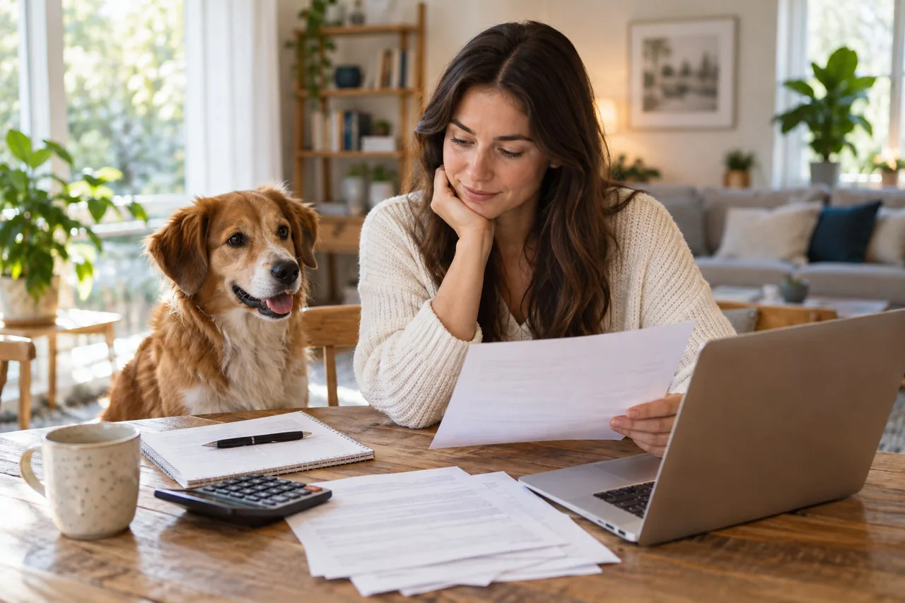 Owner reading documents next to a laptop and dog
